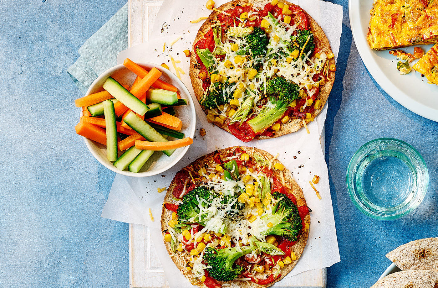 Crispy pepper and sweetcorn pizzas recipe