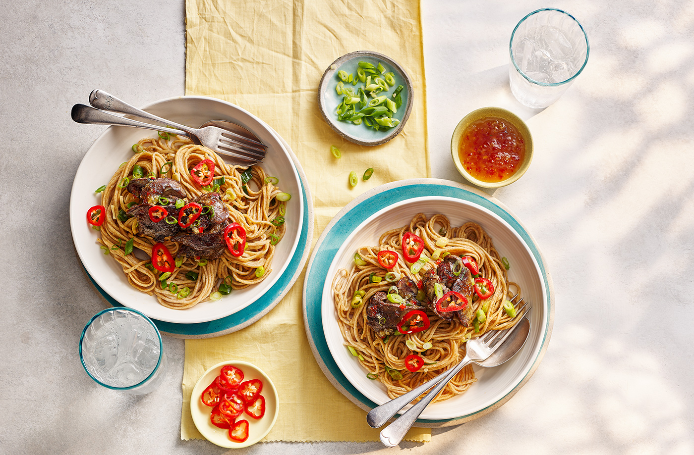 Crispy chicken livers with spring onion noodles recipe