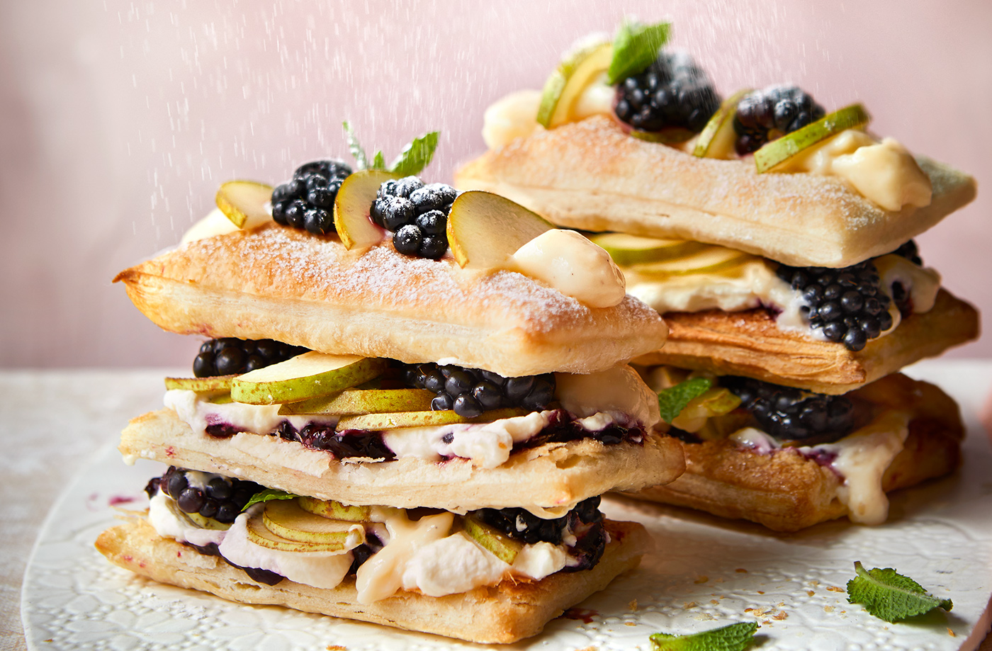 Pear and blackberry stacks recipe