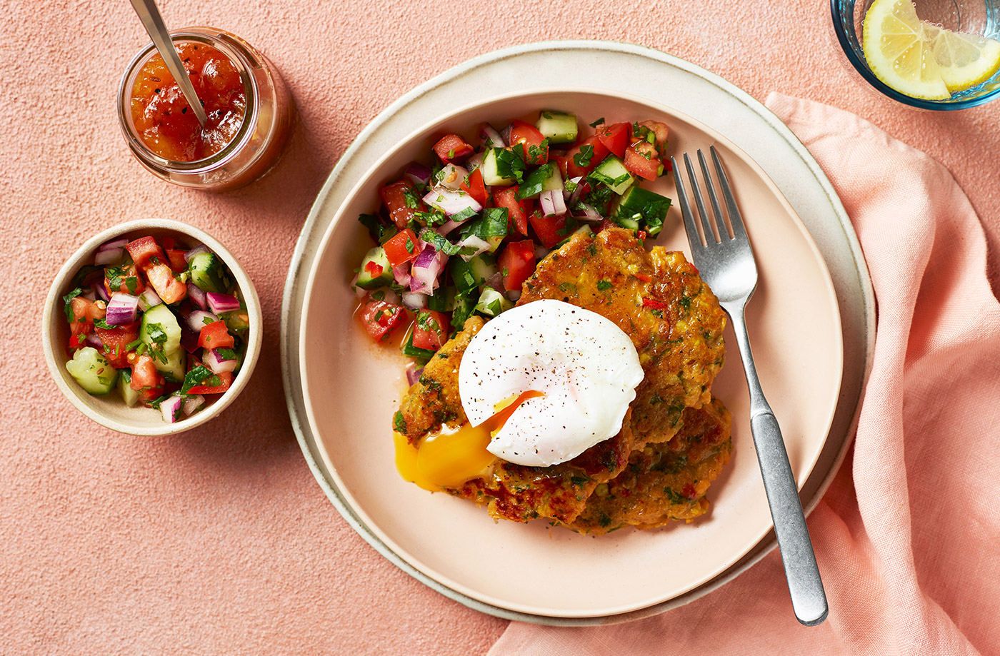 Dhal fritters with cucumber and tomato salad recipe
