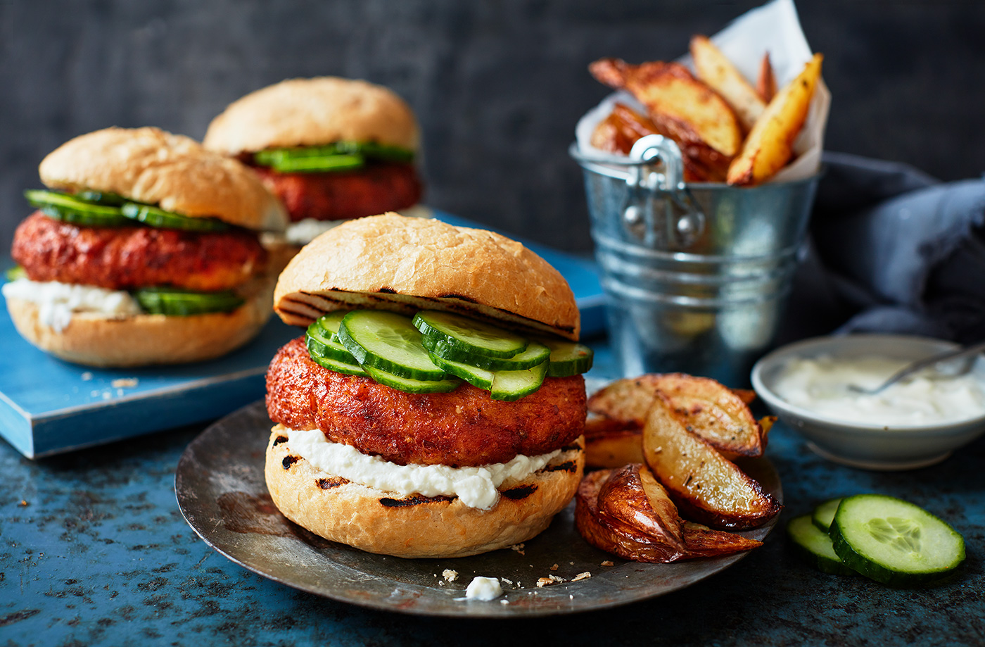 Feta falafel burgers with wedges recipe