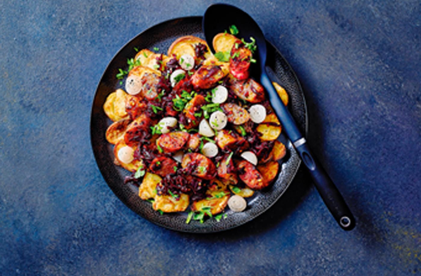 Fiery beetroot, banger and potato platter recipe