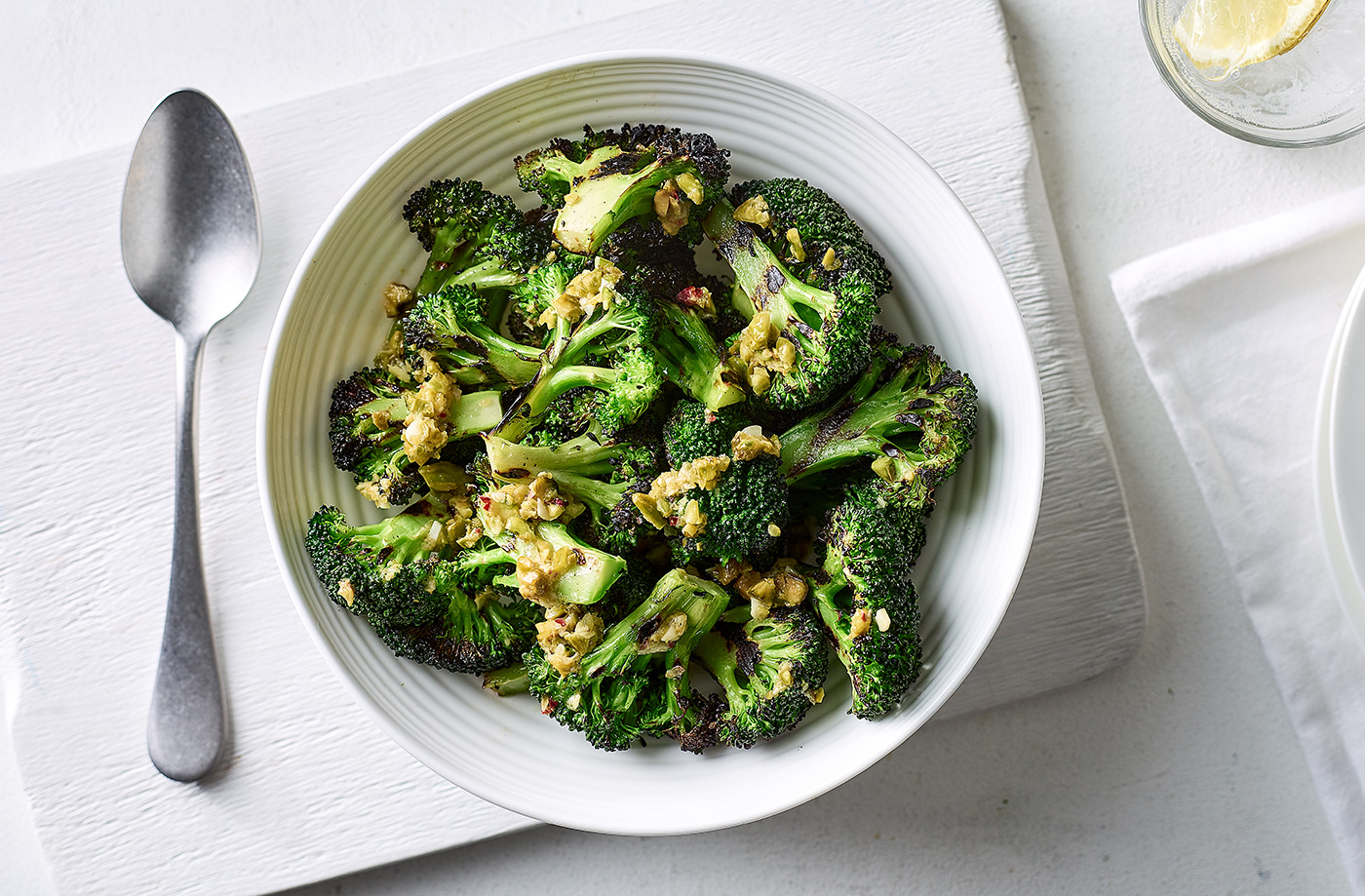 Griddled broccoli with pistachio nuts, lemon and olive oil recipe