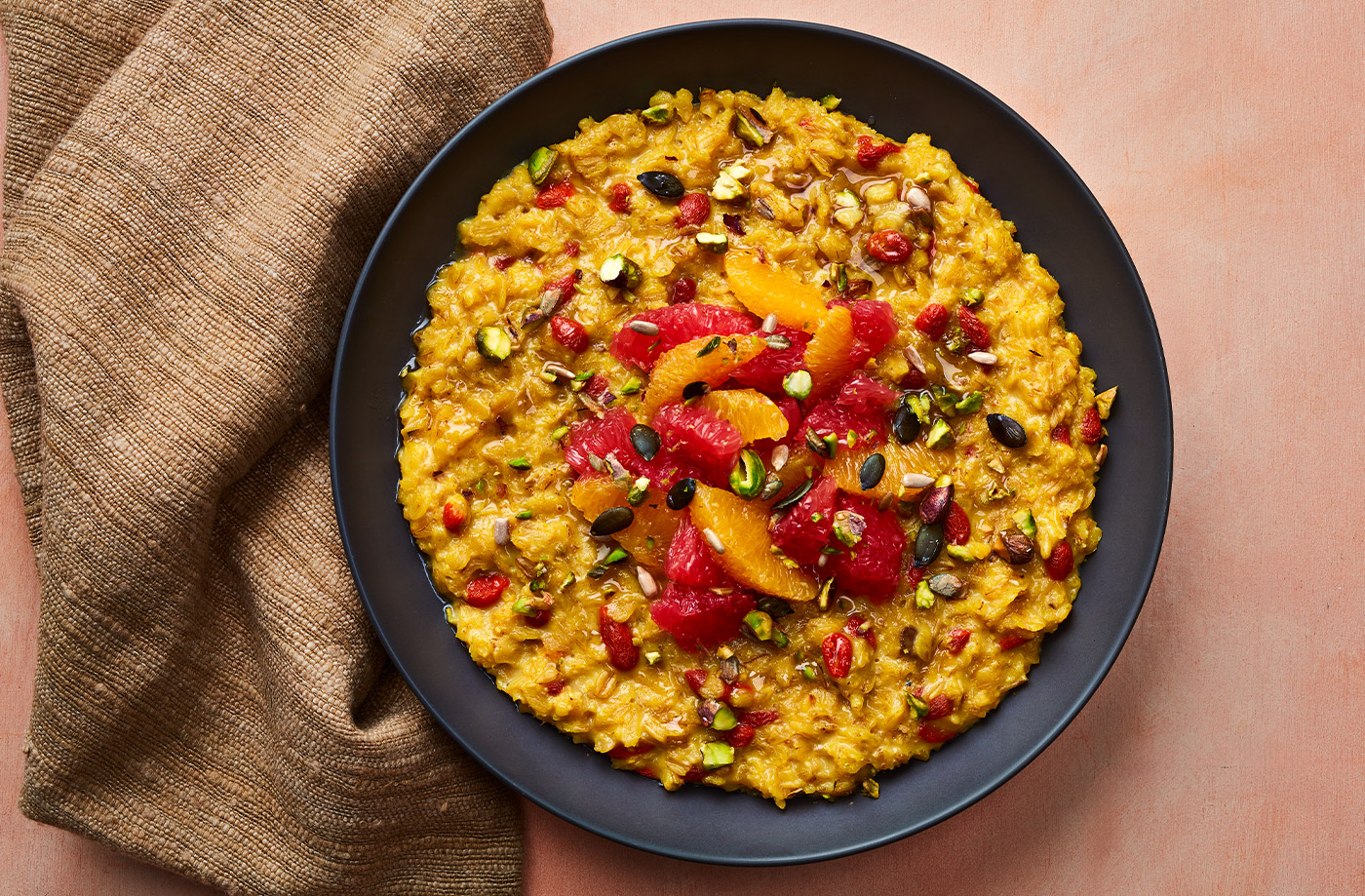 Golden milk porridge with fruit and seeds recipe
