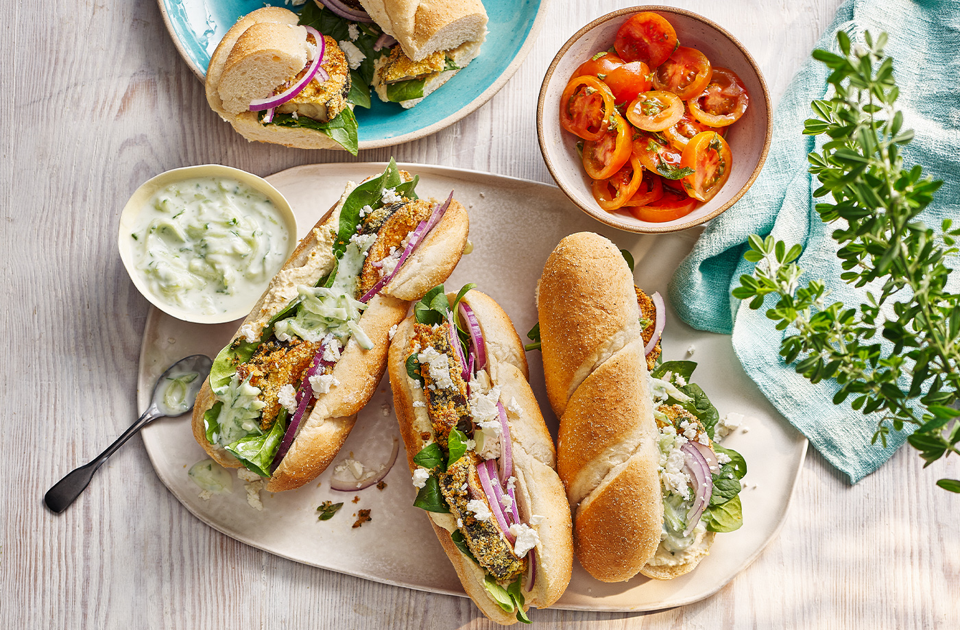 Greek-style crispy aubergine subs recipe