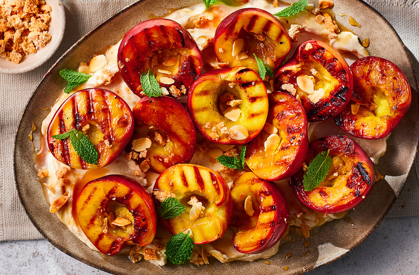 Griddled nectarines with mascarpone and amaretti crumb recipe