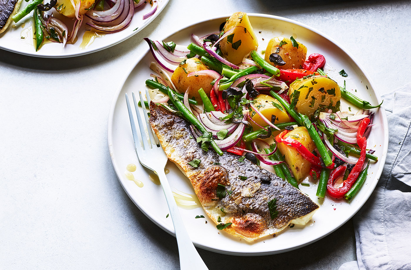 Grilled sea bass fillets with Mediterranean potato salad recipe