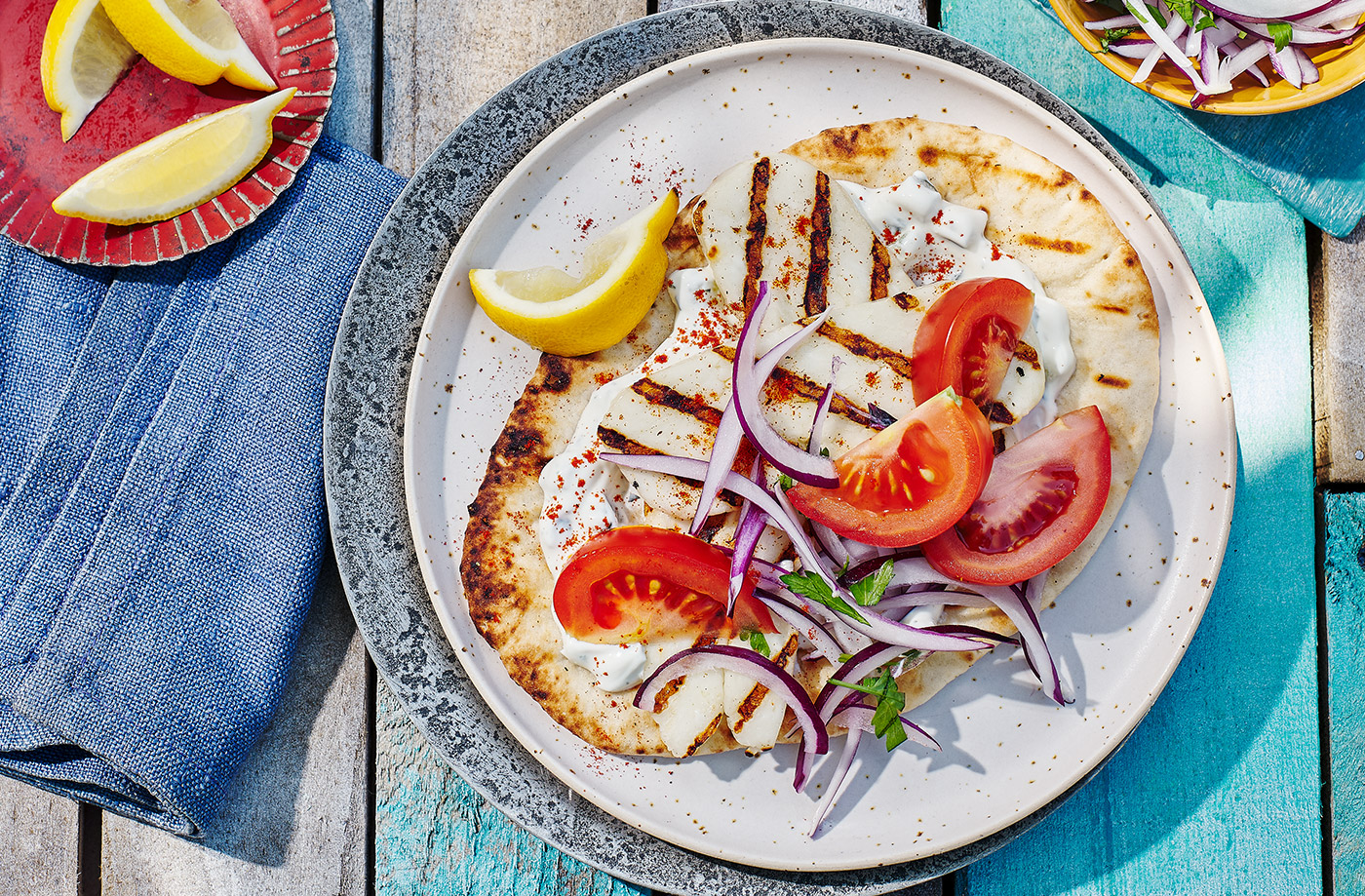 Halloumi souvlaki wraps recipe