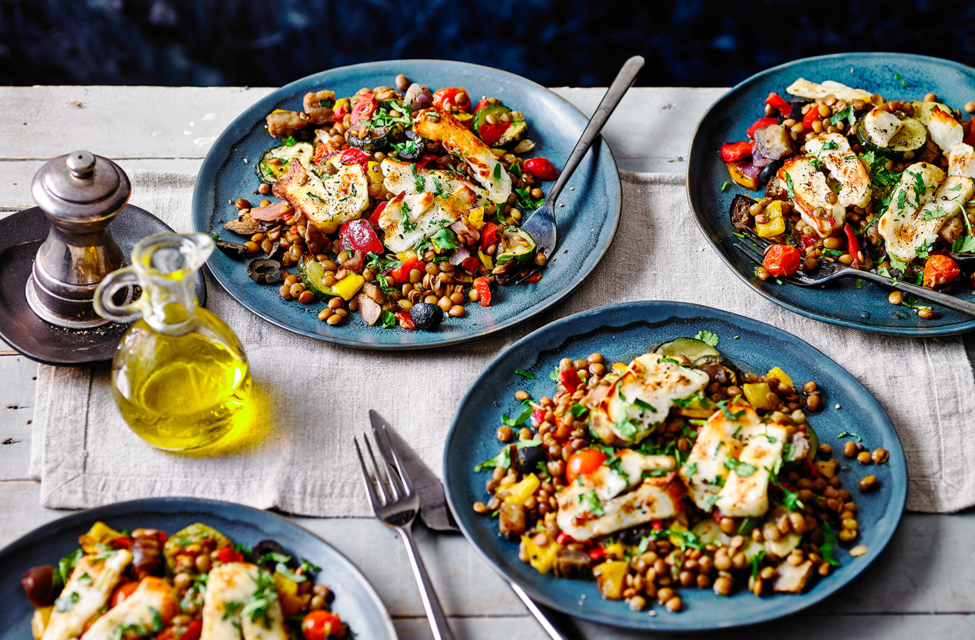 Halloumi and vegetable lentil traybake  recipe
