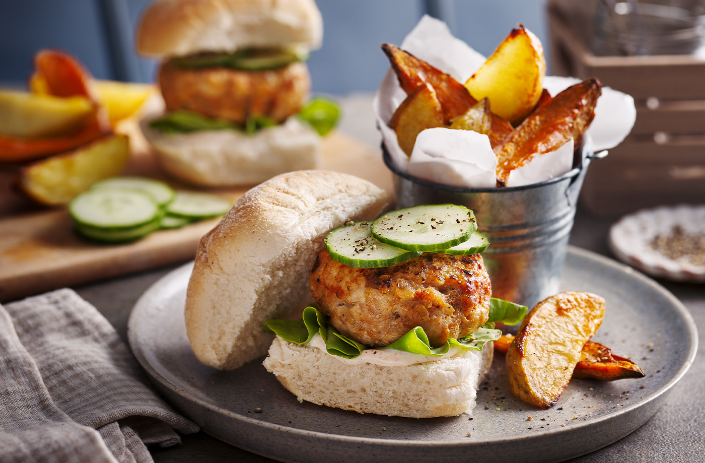 Harissa chicken burgers with wedges recipe