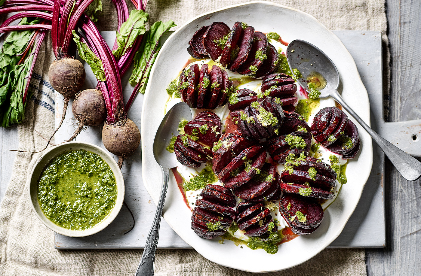 Hasselback beetroot with herby green dressing recipe