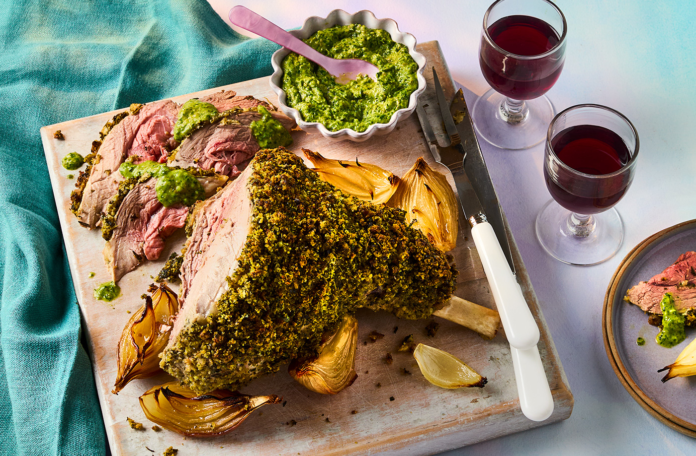 Herb-crusted roast lamb with salsa verde recipe