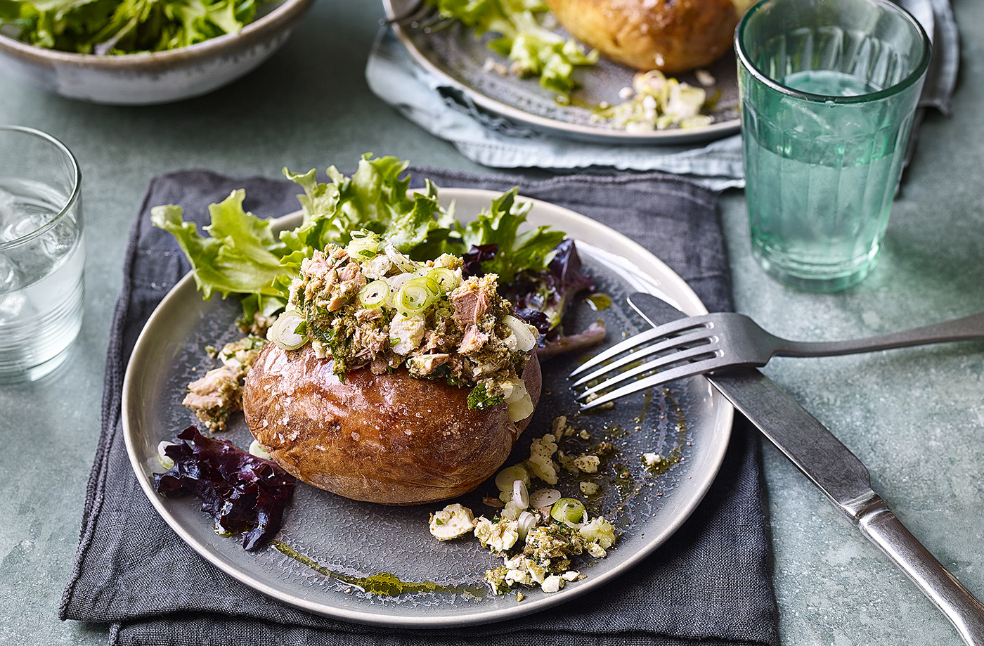 Herby tuna jacket potatoes recipe