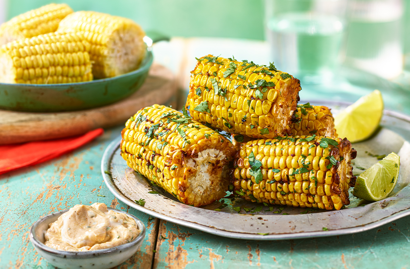 Herby corn cobettes with chipotle dip recipe
