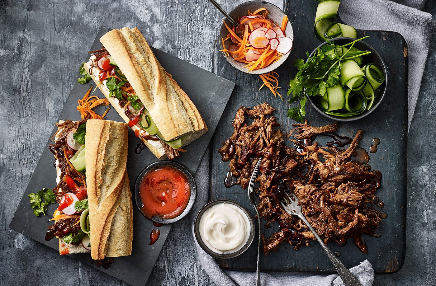 Hoisin pulled pork with quick pickled vegetables recipe