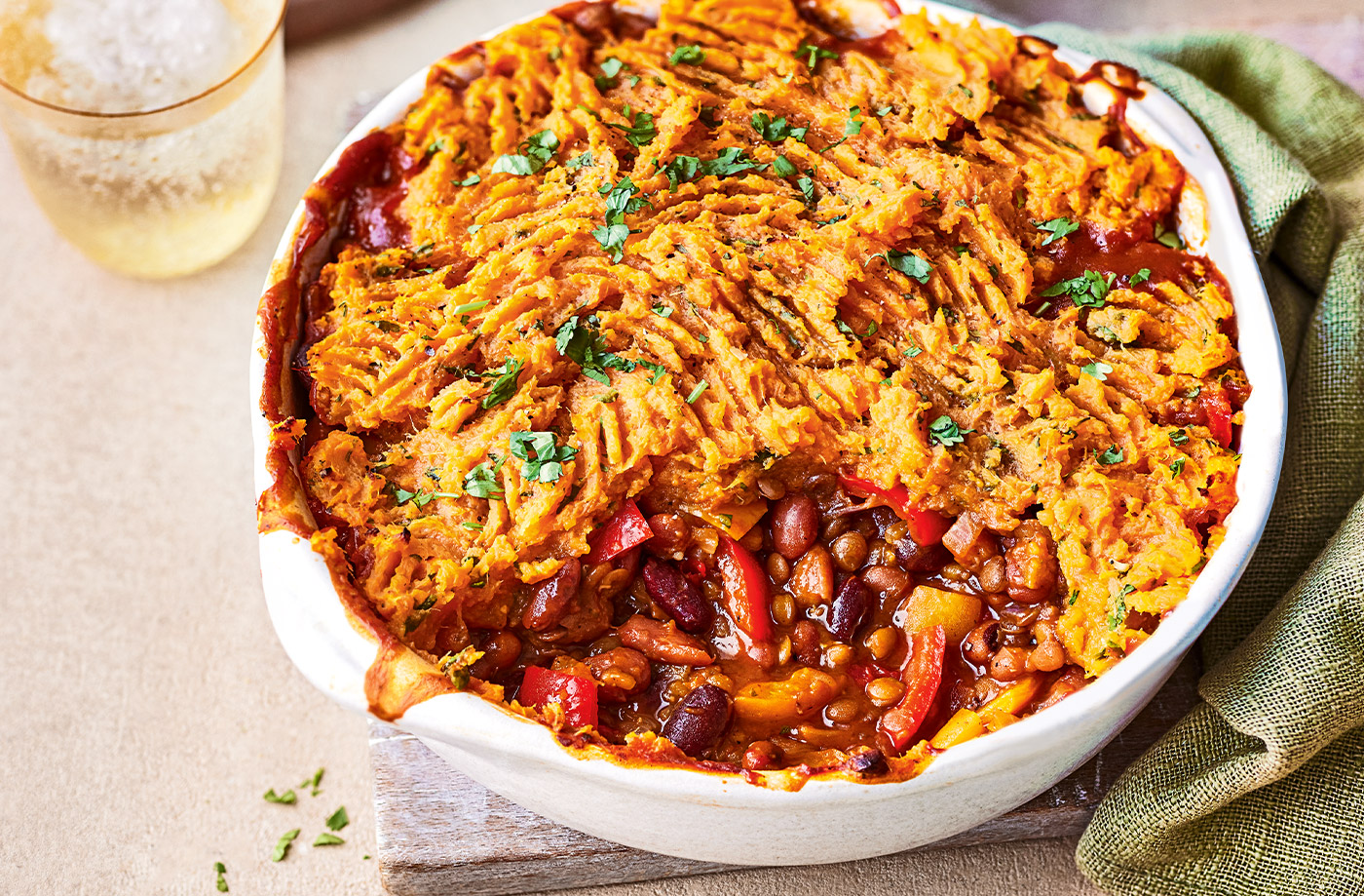 Lentil chilli pie with sweet potato topping recipe