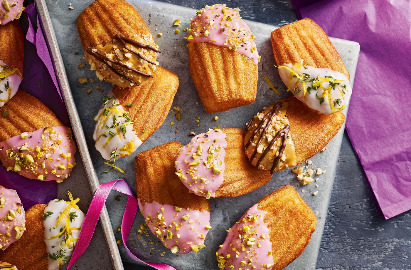 Rosé and pistachio dipped madeleines recipe