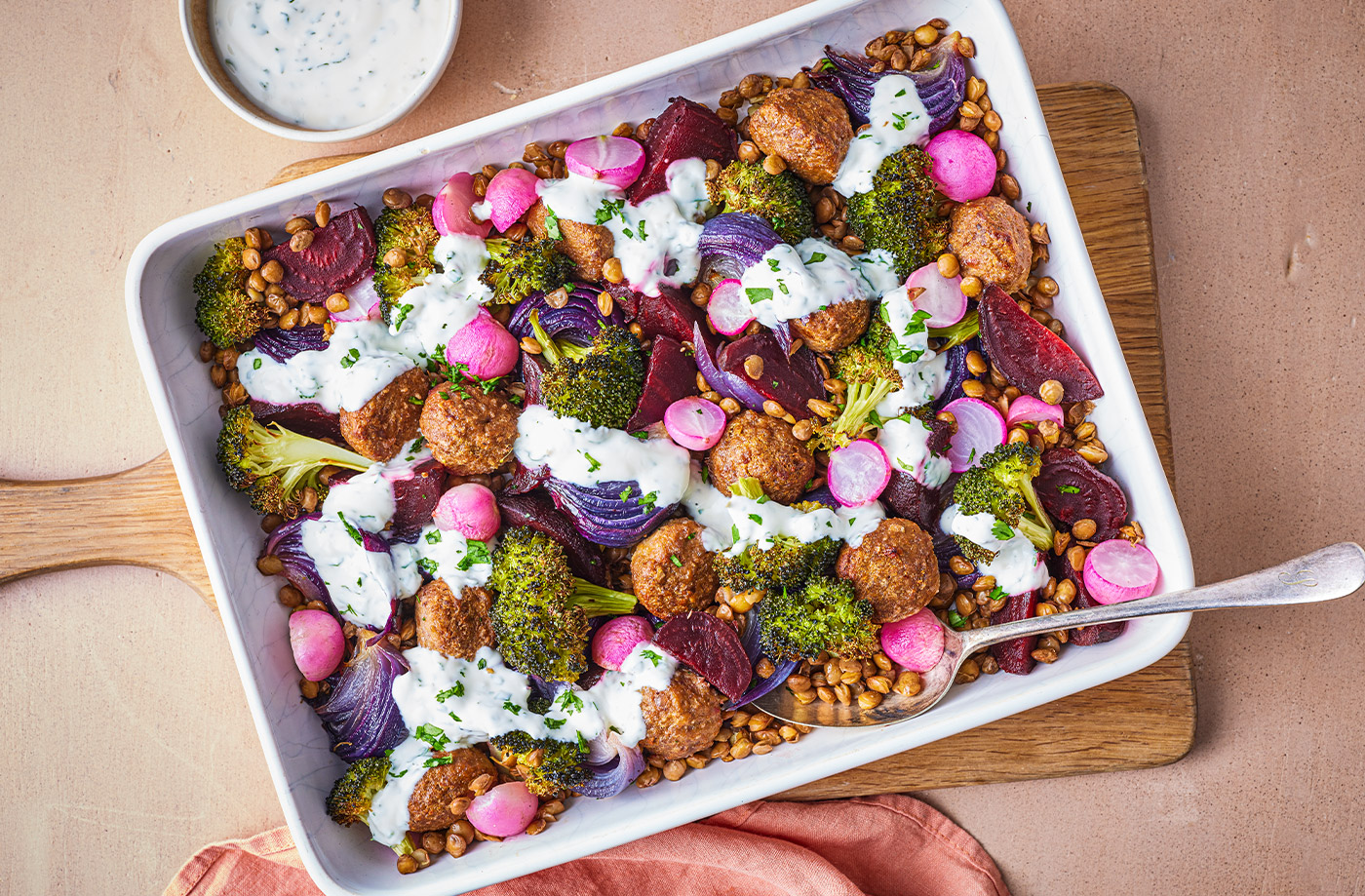 Meatball, beetroot and lentil bake recipe