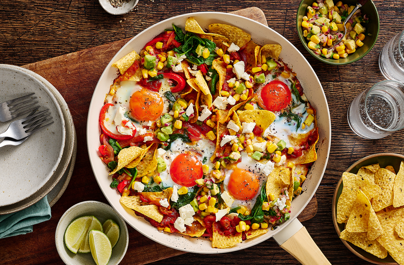 Mexican-style baked eggs with tortilla chips recipe