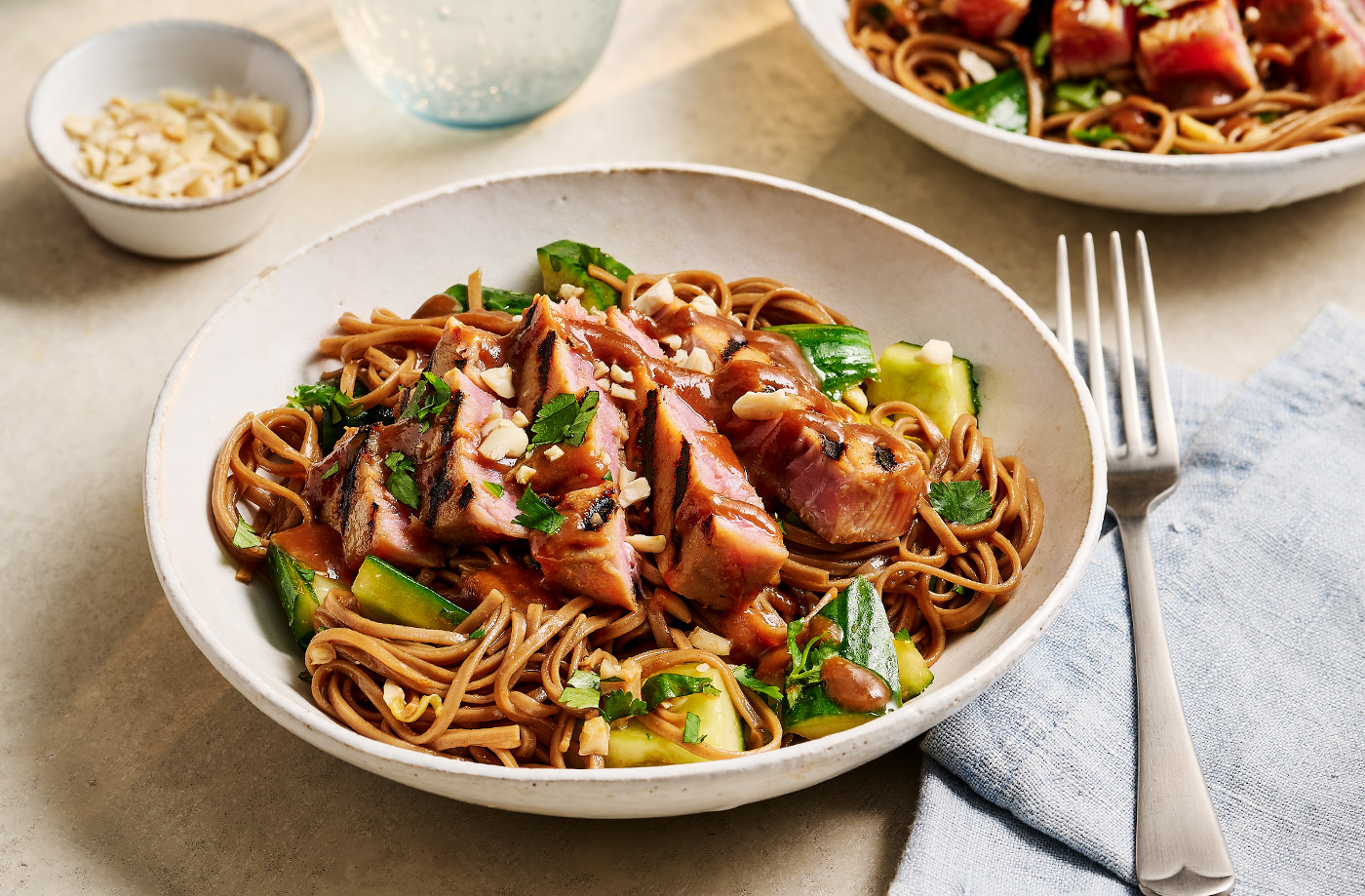 Miso-marinated tuna steaks with noodle and smashed cucumber salad recipe