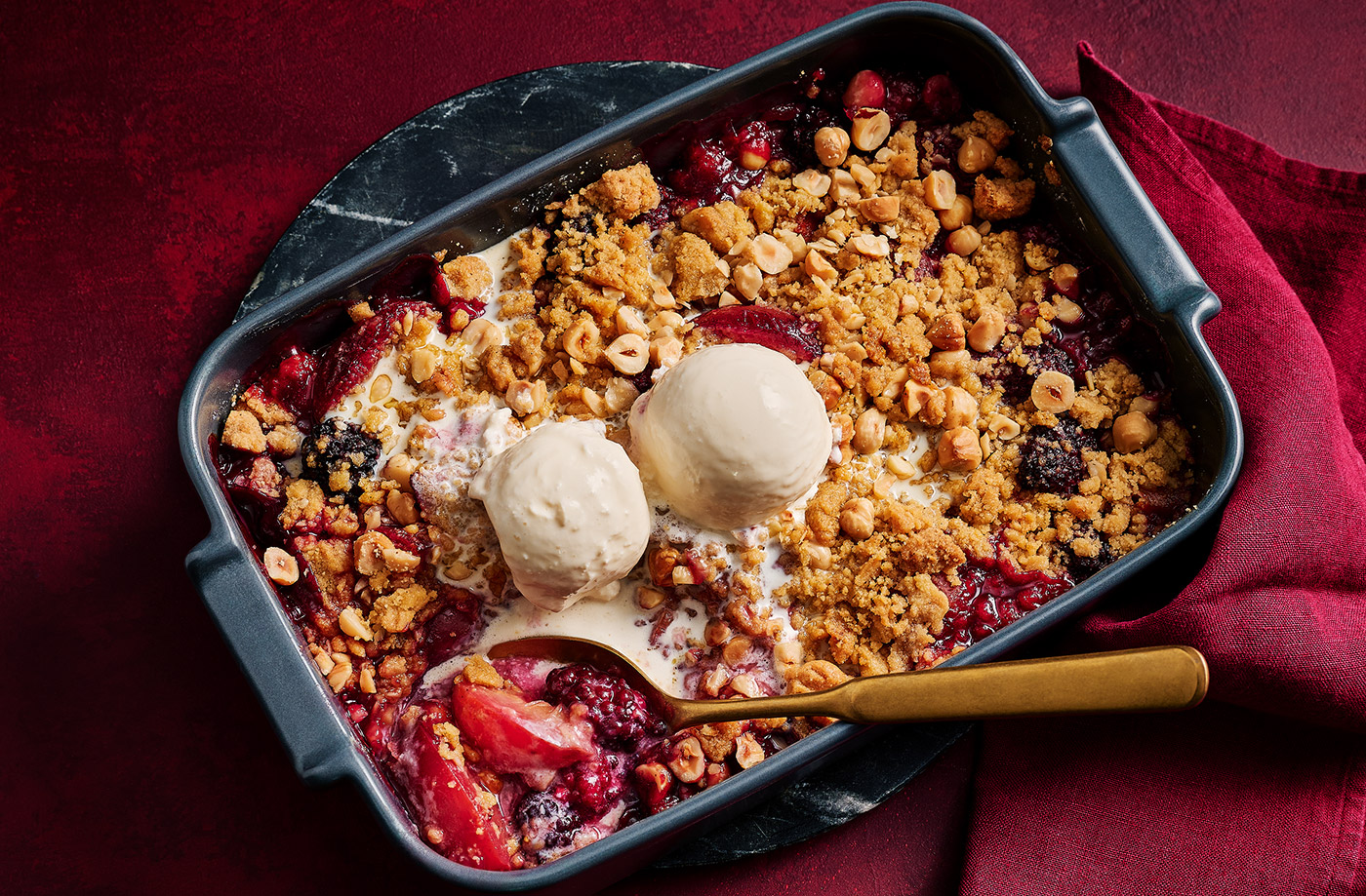 Mulled plum and blackberry crumble recipe