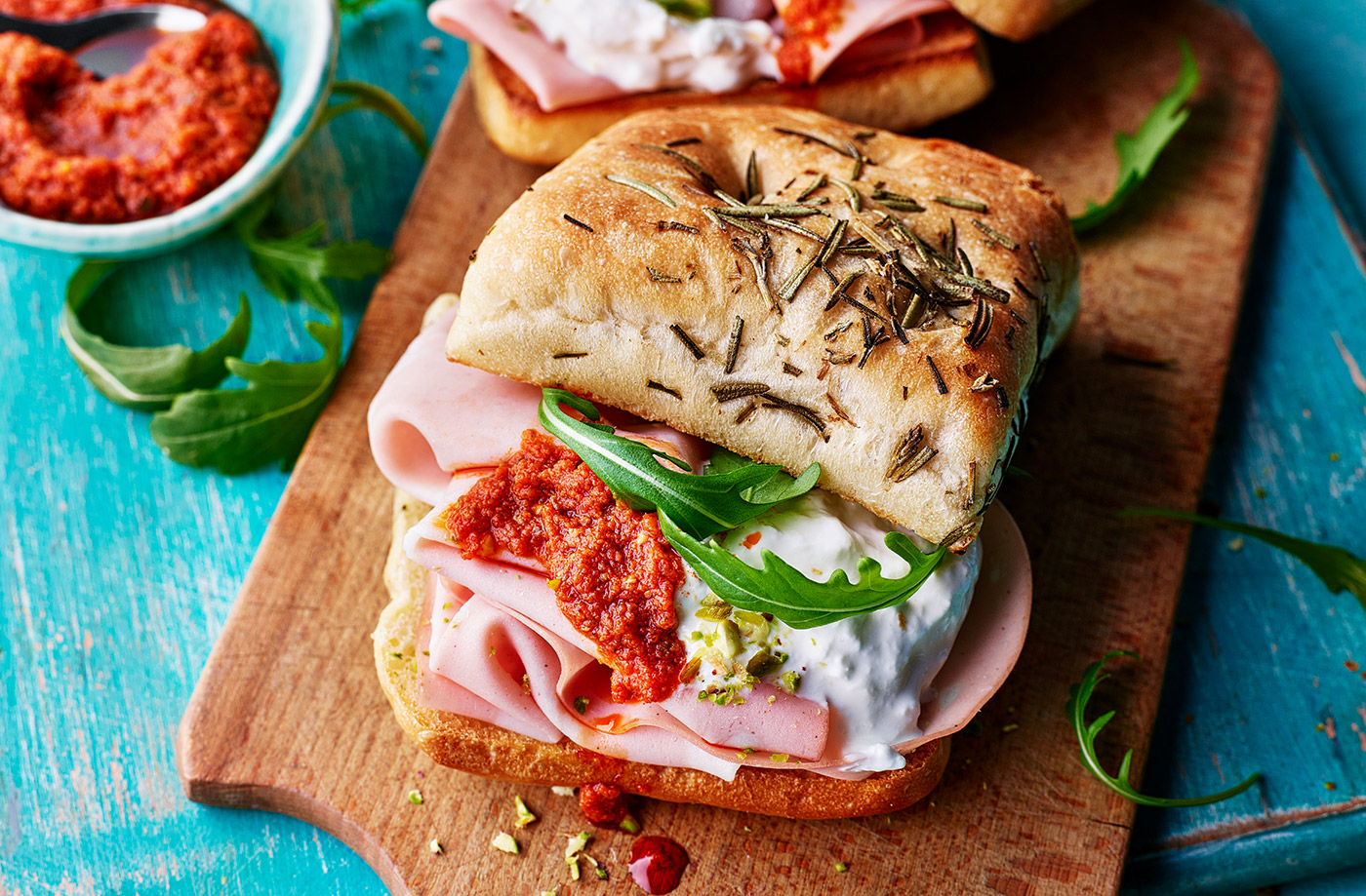 Mortadella, burrata and red pesto sandwich recipe