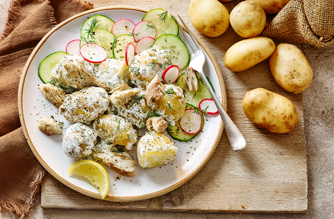 New potato and mackerel salad with lemon soured cream recipe
