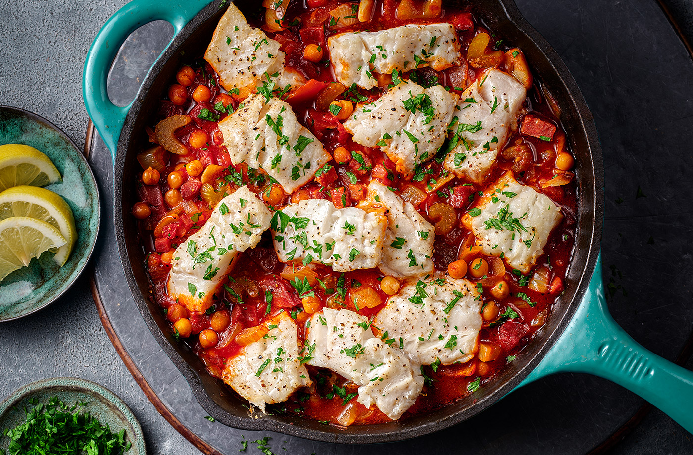 One-pan cod, chorizo and chickpea bake recipe