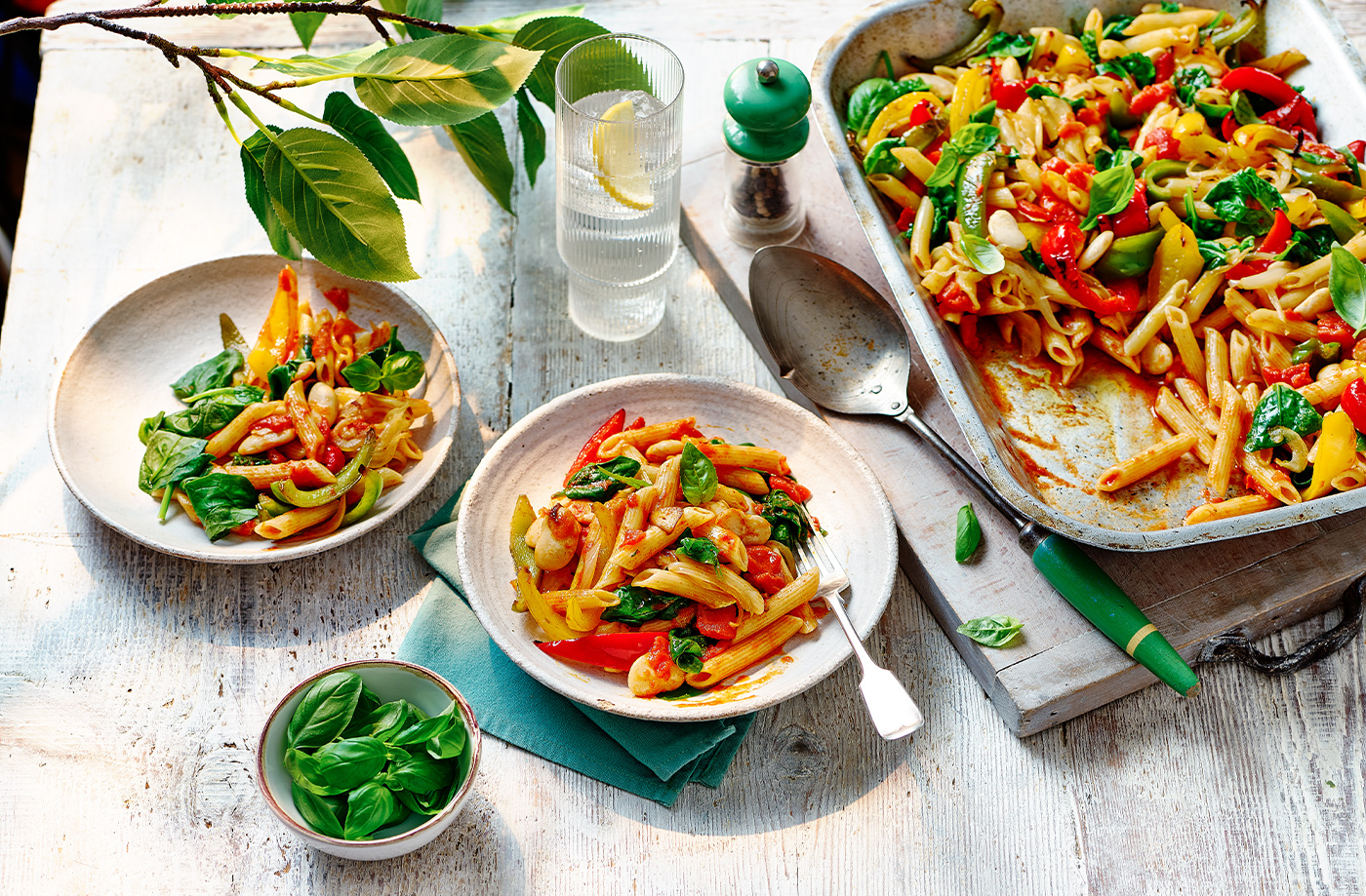 One-tray baked pepper and butter bean pasta recipe