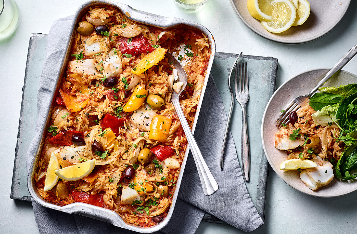 Paella orzo traybake recipe