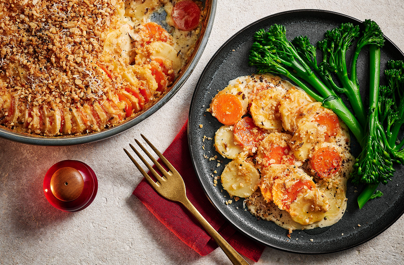 Jade Greenhalgh's parsnip, carrot and caraway gratin with hazelnut crumb recipe
