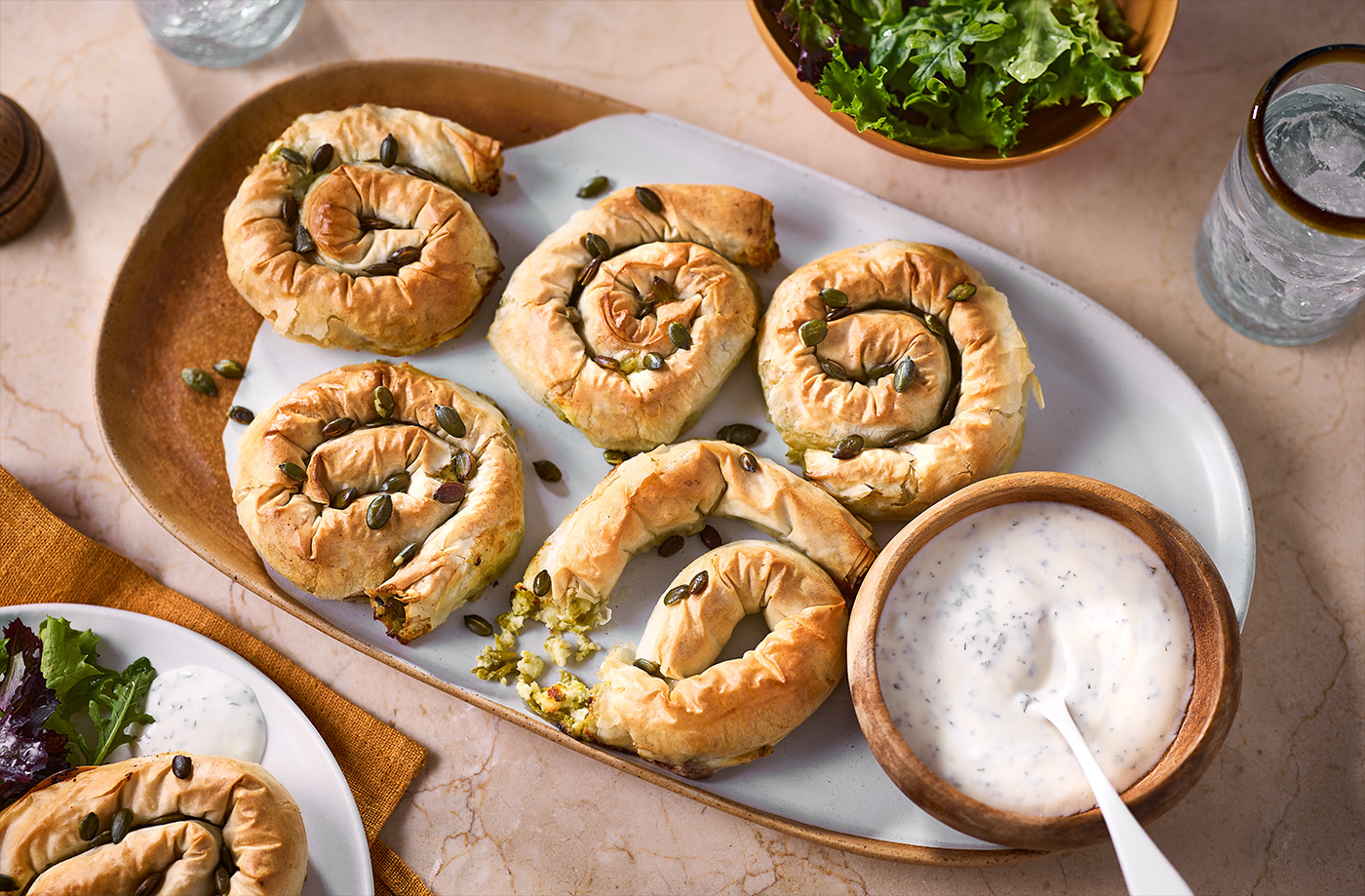 Pea and feta swirls recipe