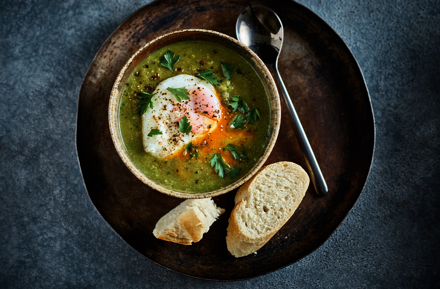 Pea and ham soup with poached eggs recipe