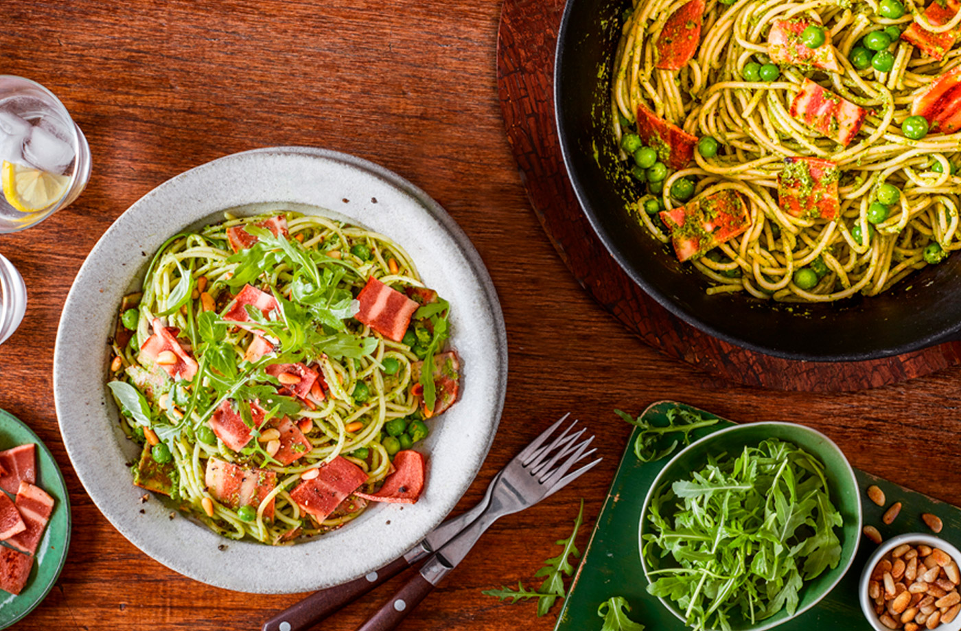 Pea pesto pasta with crispy meat-free bacon recipe