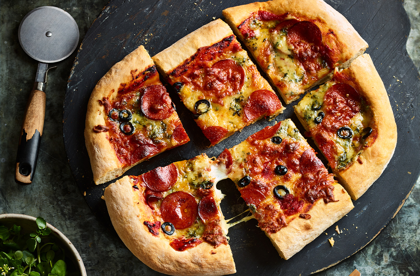 Pepperoni, mozzarella and blue cheese pizzas recipe