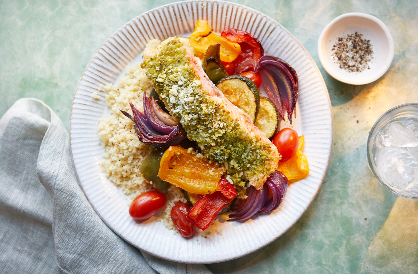 Pesto-crusted salmon with roasted veg recipe