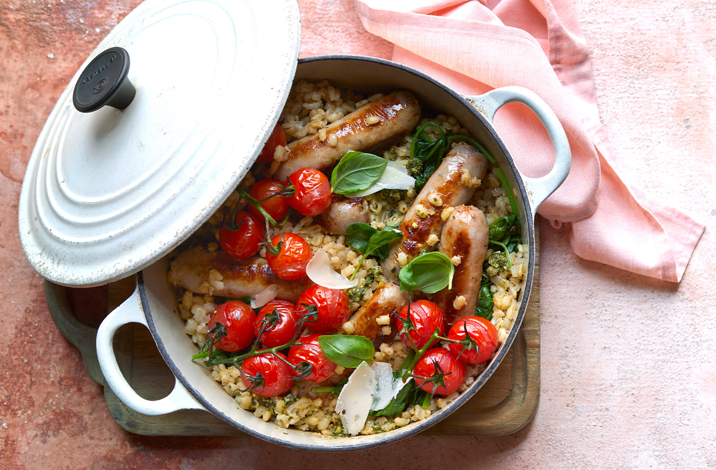 Pesto sausage and pearl barley one-pot recipe