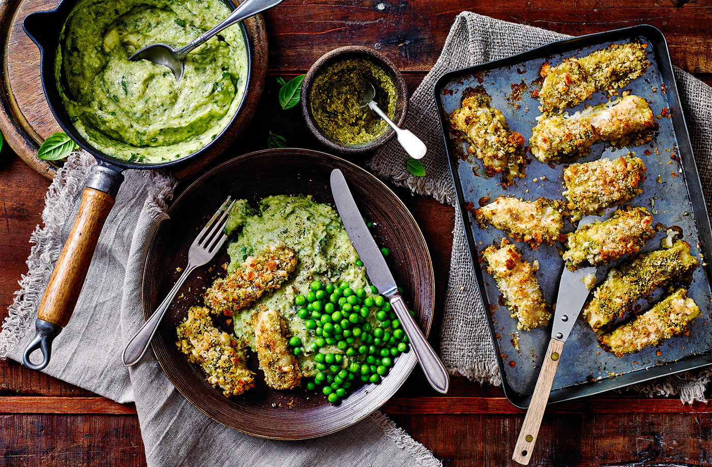 Pesto fish fingers with broccoli mash recipe
