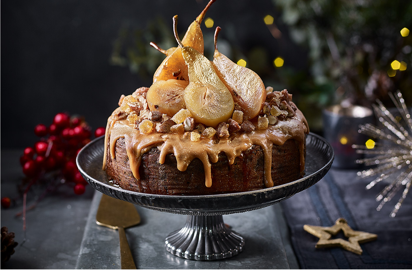 Poached pear caramel drip cake recipe