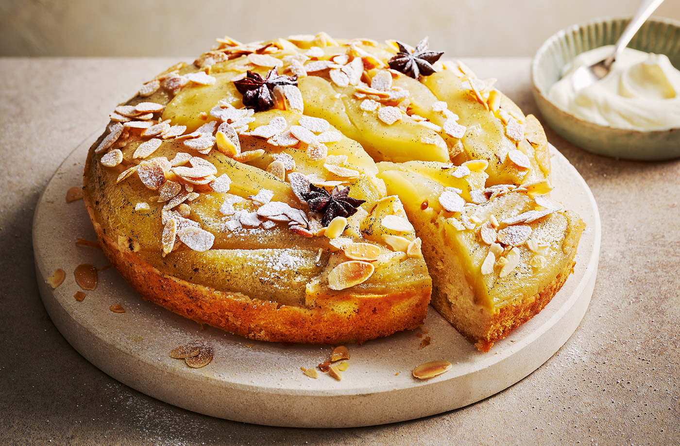 Poached pear upside-down cake recipe