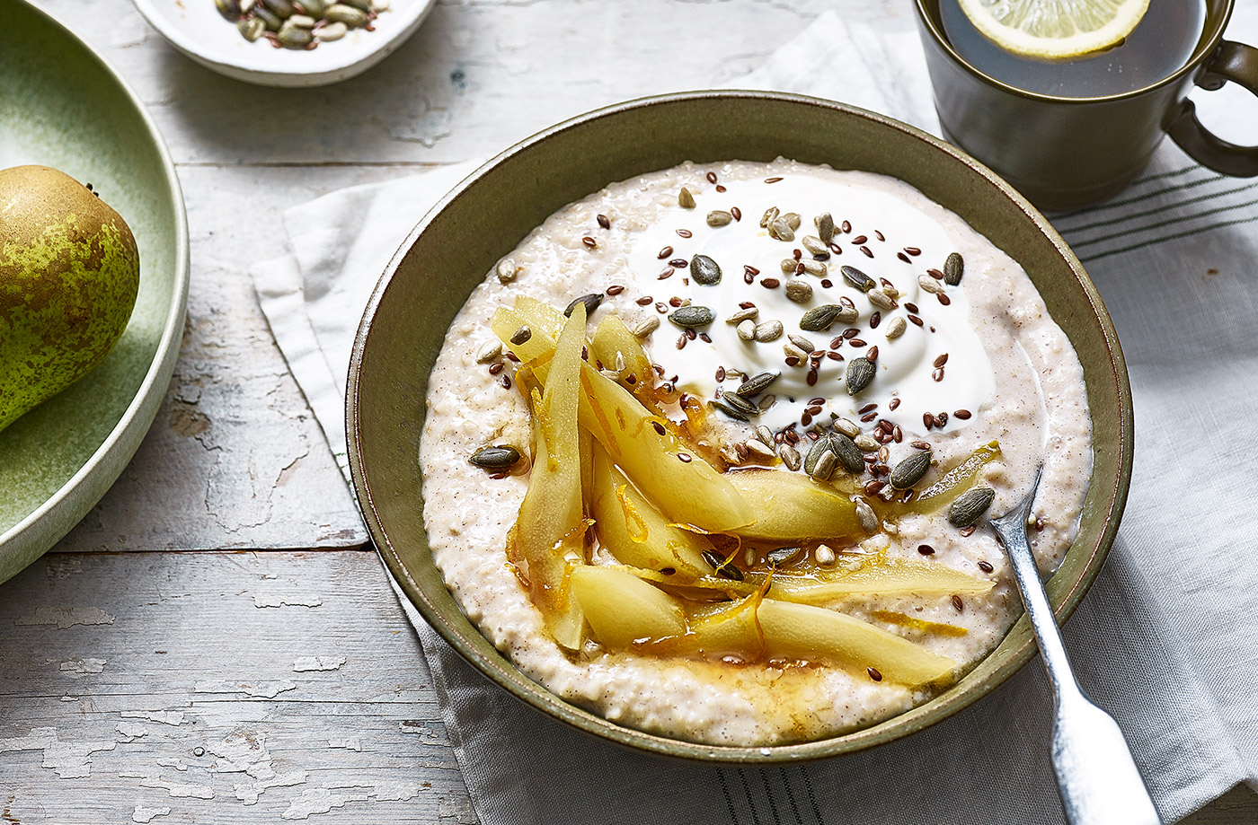 Citrus-poached pears with cinnamon porridge recipe