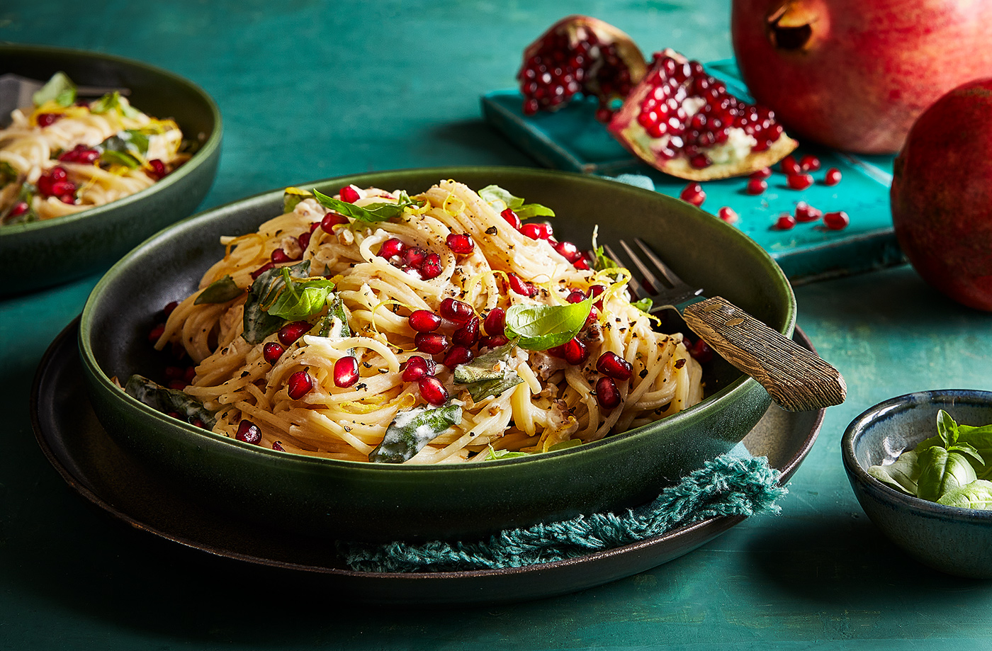 Pomegranate, ricotta and walnut spaghetti recipe