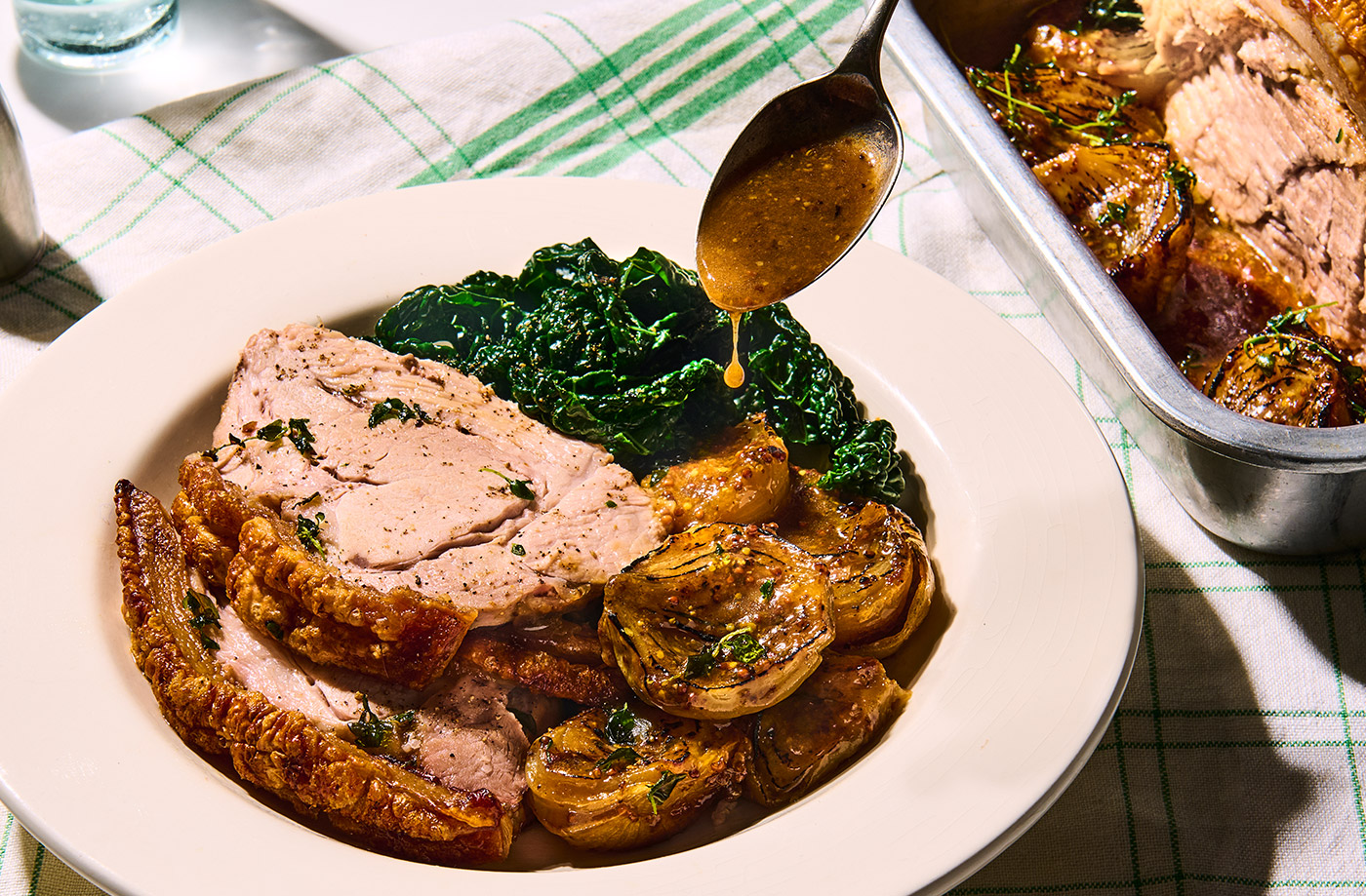 Salt and vinegar roast pork with honey mustard onions recipe