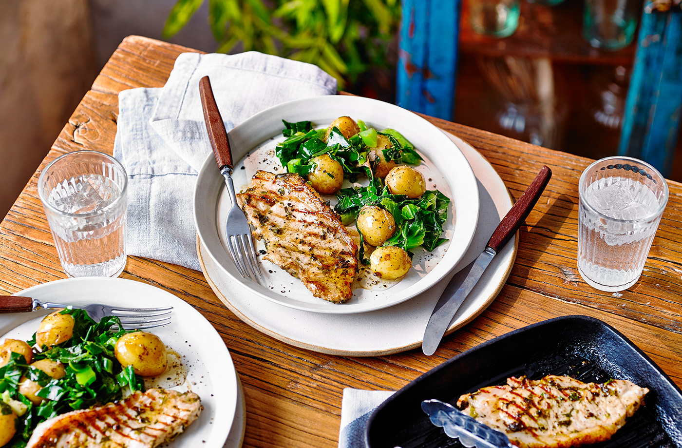 Herby marinated pork loin with potato salad recipe