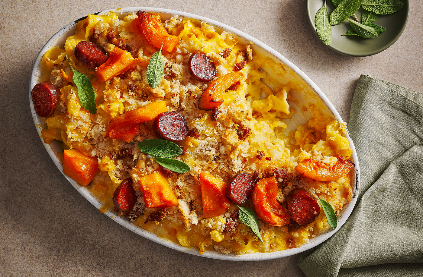 Pumpkin, chorizo and sage pasta bake recipe