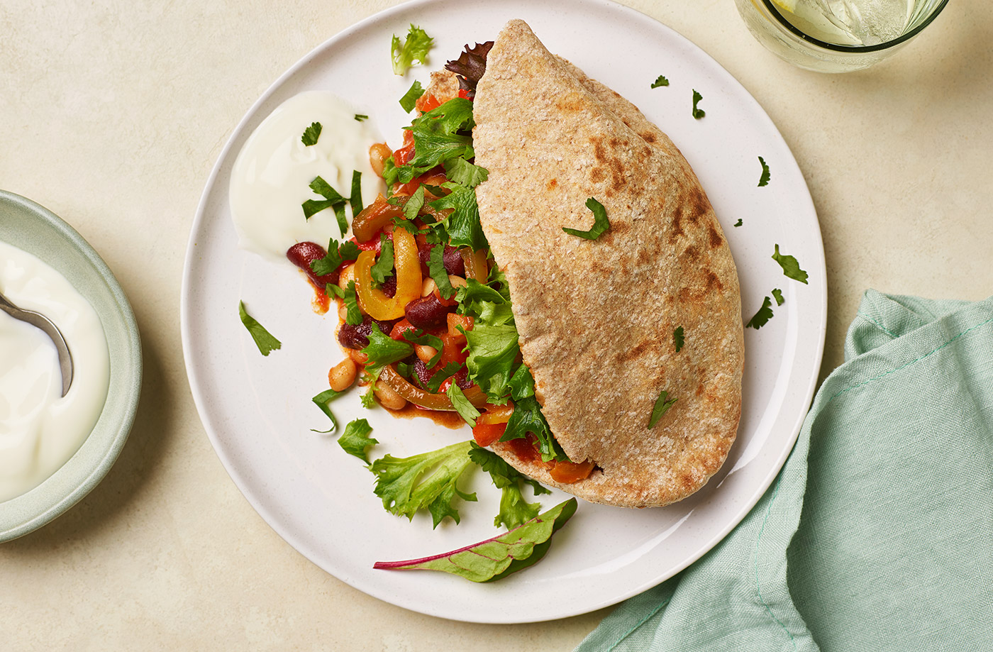 Quick bean chilli pittas recipe