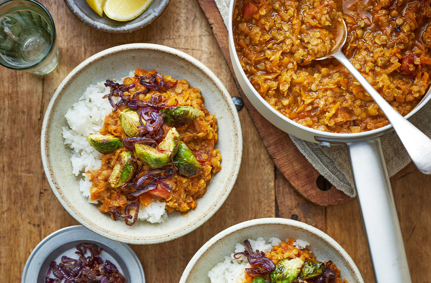 Red lentil and carrot dhal with spiced sprouts recipe