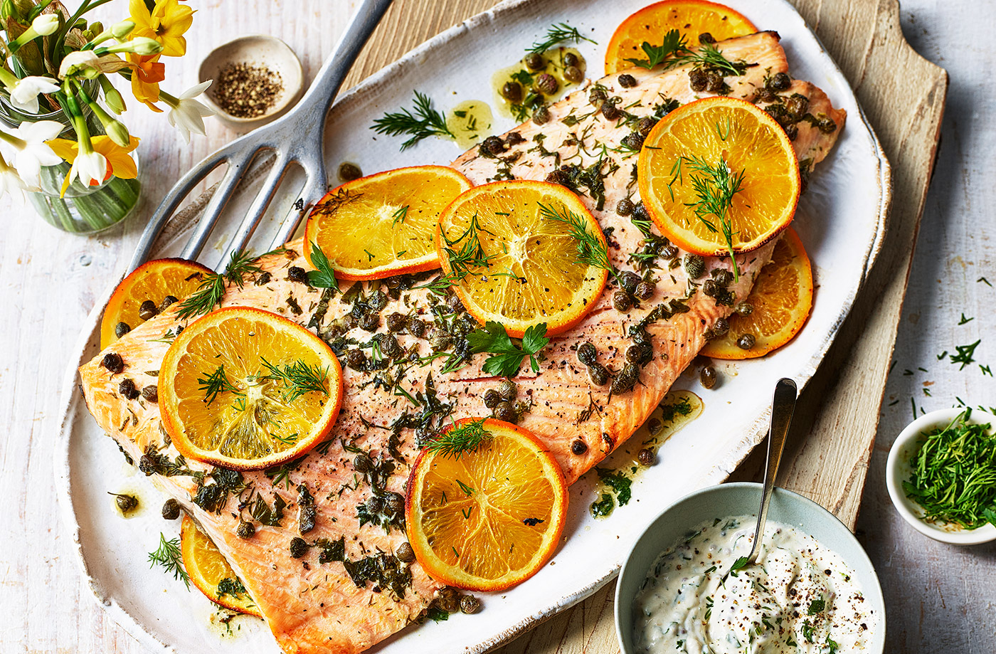 Roast salmon and capers with herb cream recipe