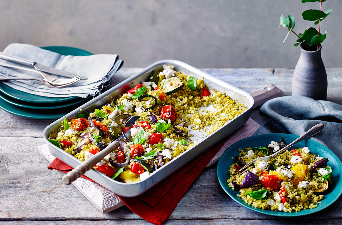 Roast vegetable and pesto bulgur wheat traybake recipe