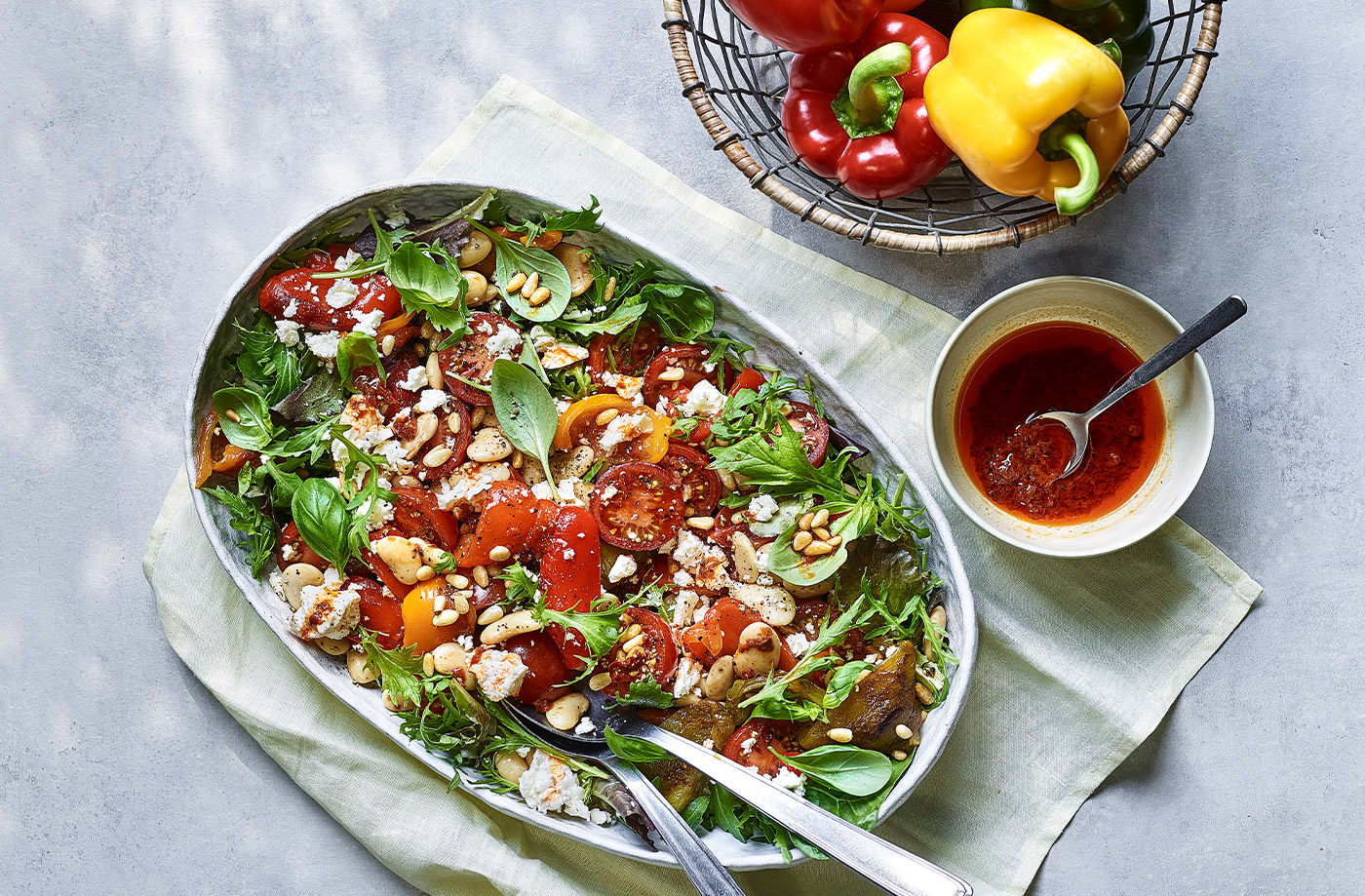 Roasted pepper and butter bean salad with harissa dressing recipe